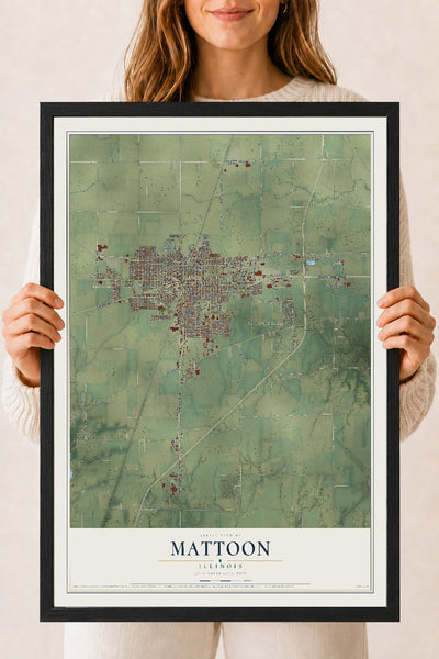 Map of Mattoon, Illinois, 18 x 24 inch print in a black wood frame