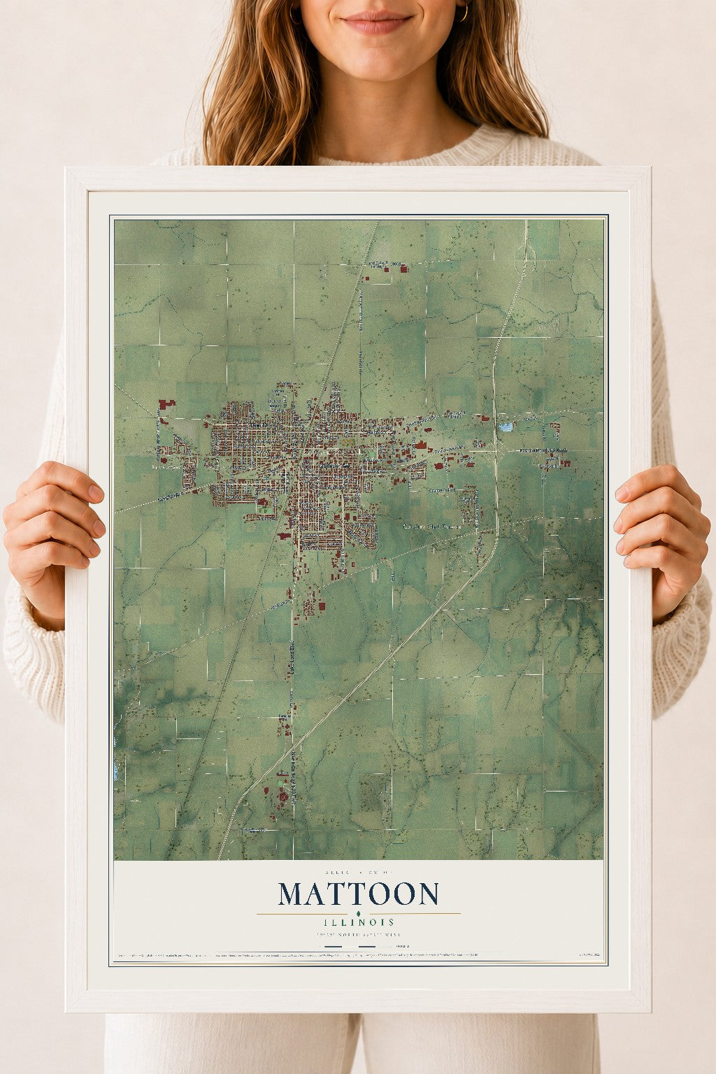 Map of Mattoon, Illinois, 18 x 24 inch print in a white wood frame