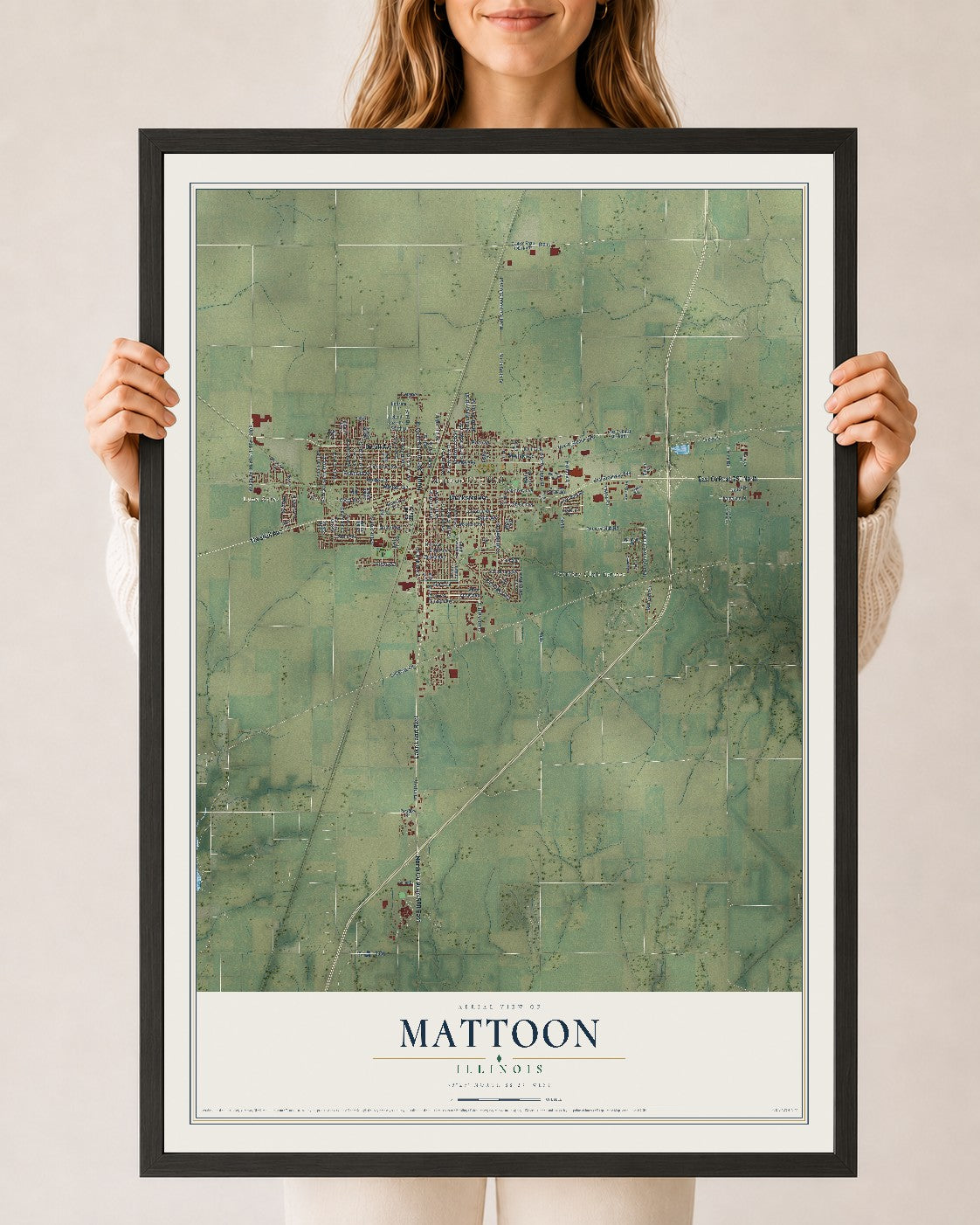 Map of Mattoon, Illinois, 24 x 36 inch print in a black wood frame