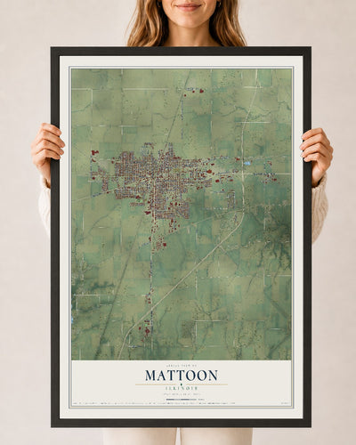 Map of Mattoon, Illinois, 24 x 36 inch print in a black wood frame