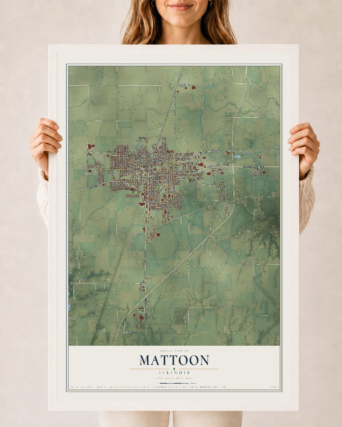 Map of Mattoon, Illinois, 24 x 36 inch print in a white wood frame