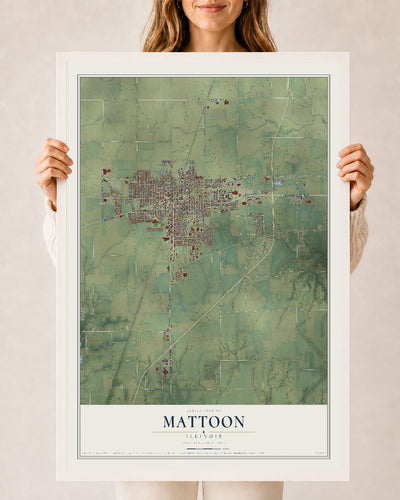 Map of Mattoon, Illinois, 24 x 36 inch print in a white wood frame