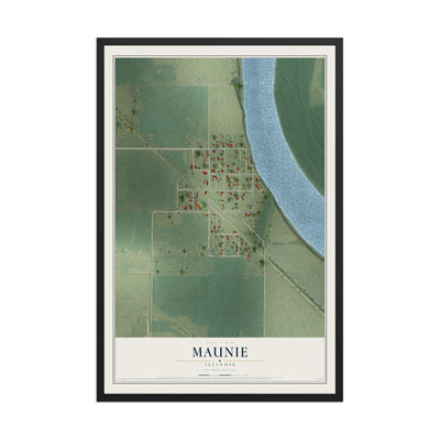 Map of Maunie, Illinois, 12 x 18 inch print in a black wood frame