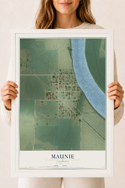 Map of Maunie, Illinois, 18 x 24 inch print in a white wood frame