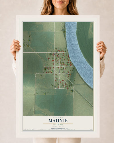 Map of Maunie, Illinois, 24 x 36 inch print in a white wood frame