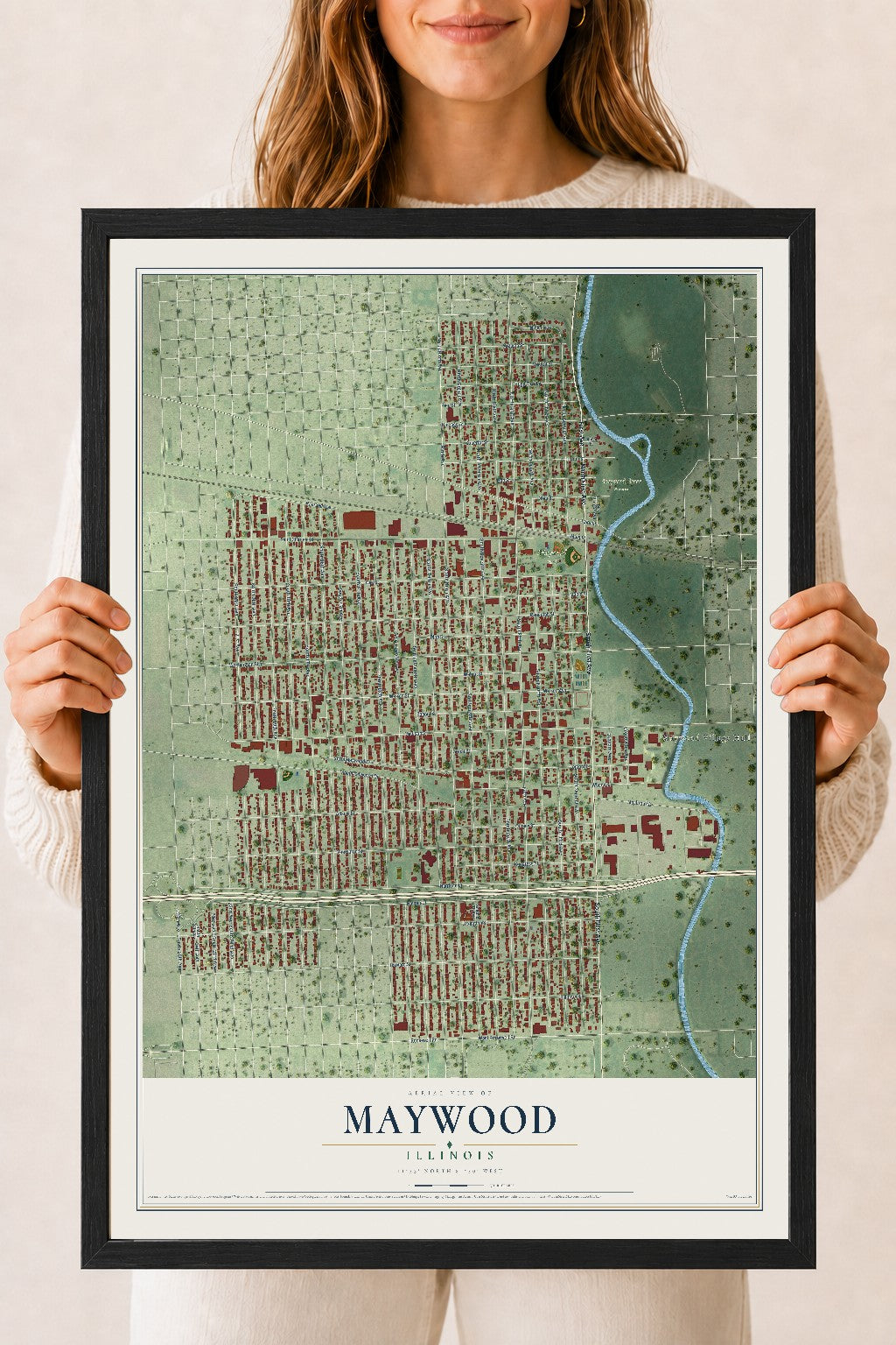 Map of Maywood, Illinois, 18 x 24 inch print in a black wood frame
