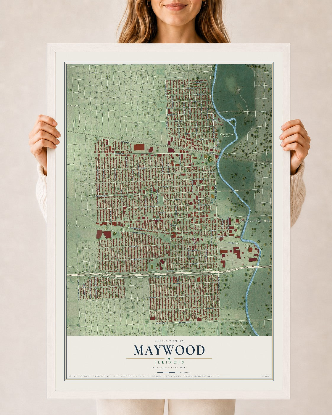 Map of Maywood, Illinois, 24 x 36 inch print in a white wood frame