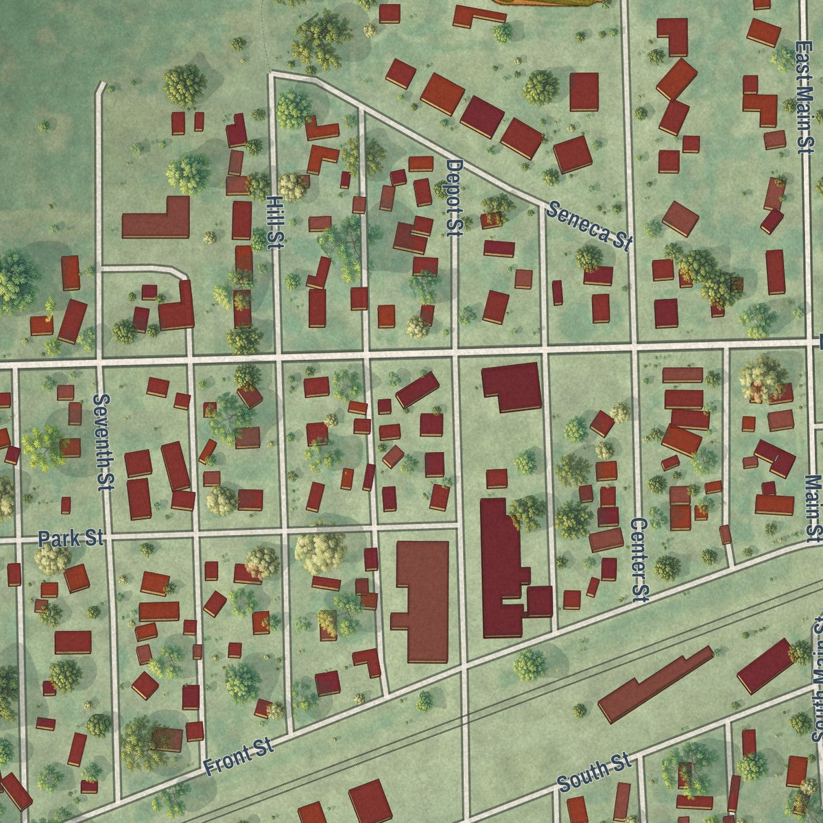 Close-up of the map of Mazon, Illinois print showing street and building detail