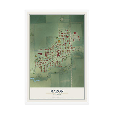 Map of Mazon, Illinois, 12 x 18 inch print in a white wood frame