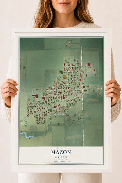 Map of Mazon, Illinois, 18 x 24 inch print in a white wood frame