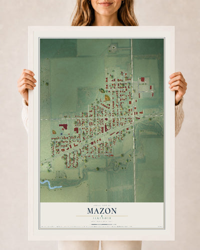 Map of Mazon, Illinois, 24 x 36 inch print in a white wood frame