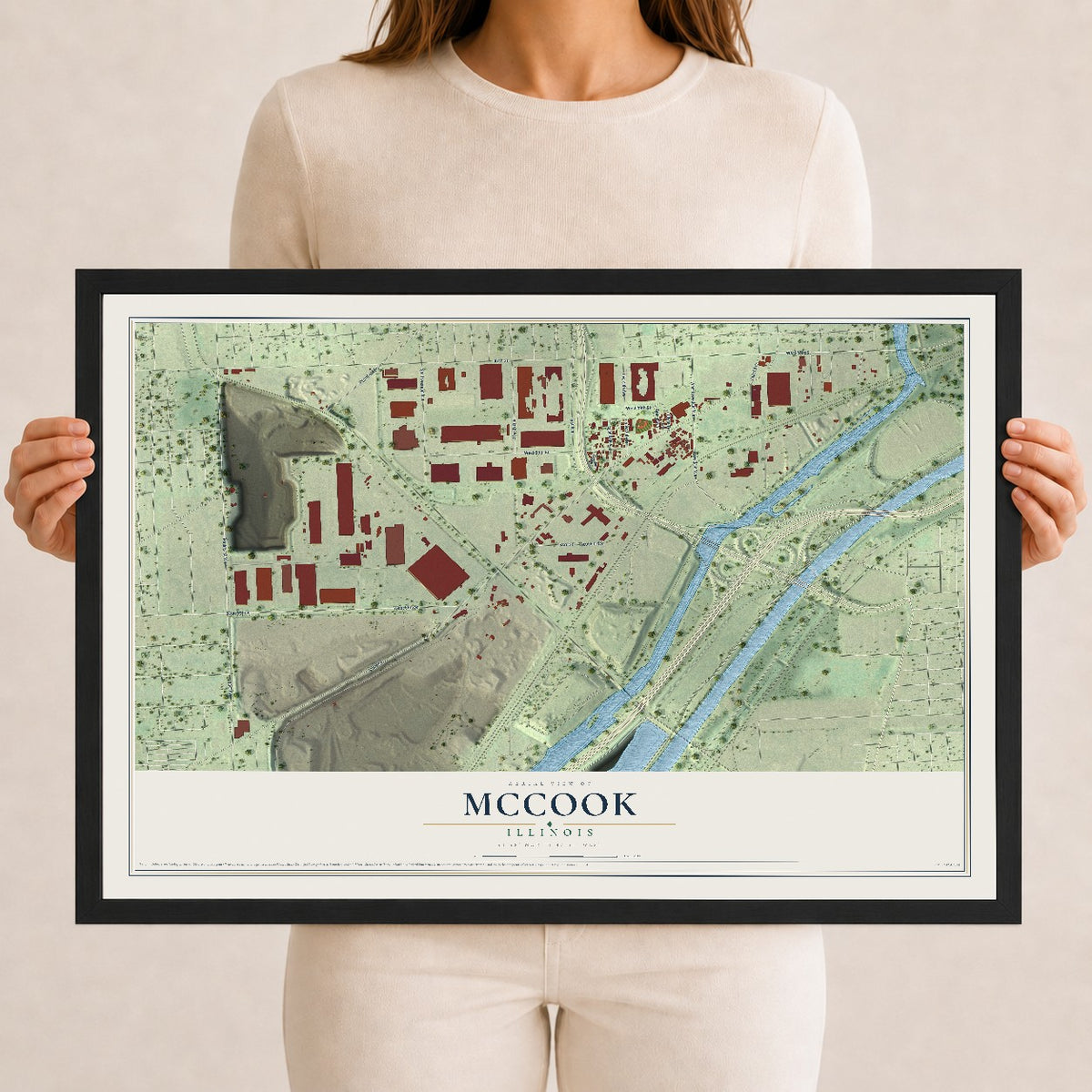 Map of McCook, Illinois, 12 x 18 inch print in a black wood frame