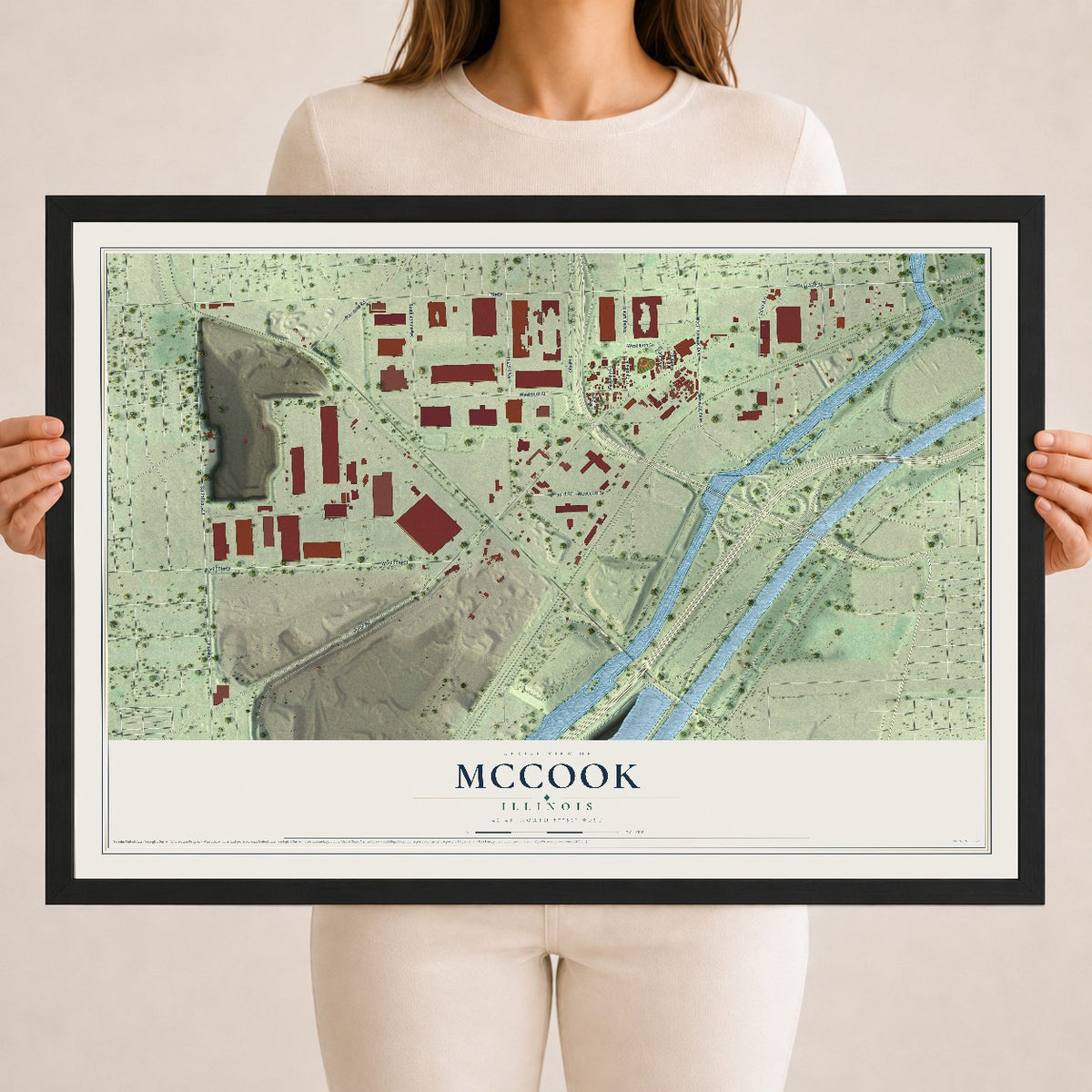 Map of McCook, Illinois, 18 x 24 inch print in a black wood frame