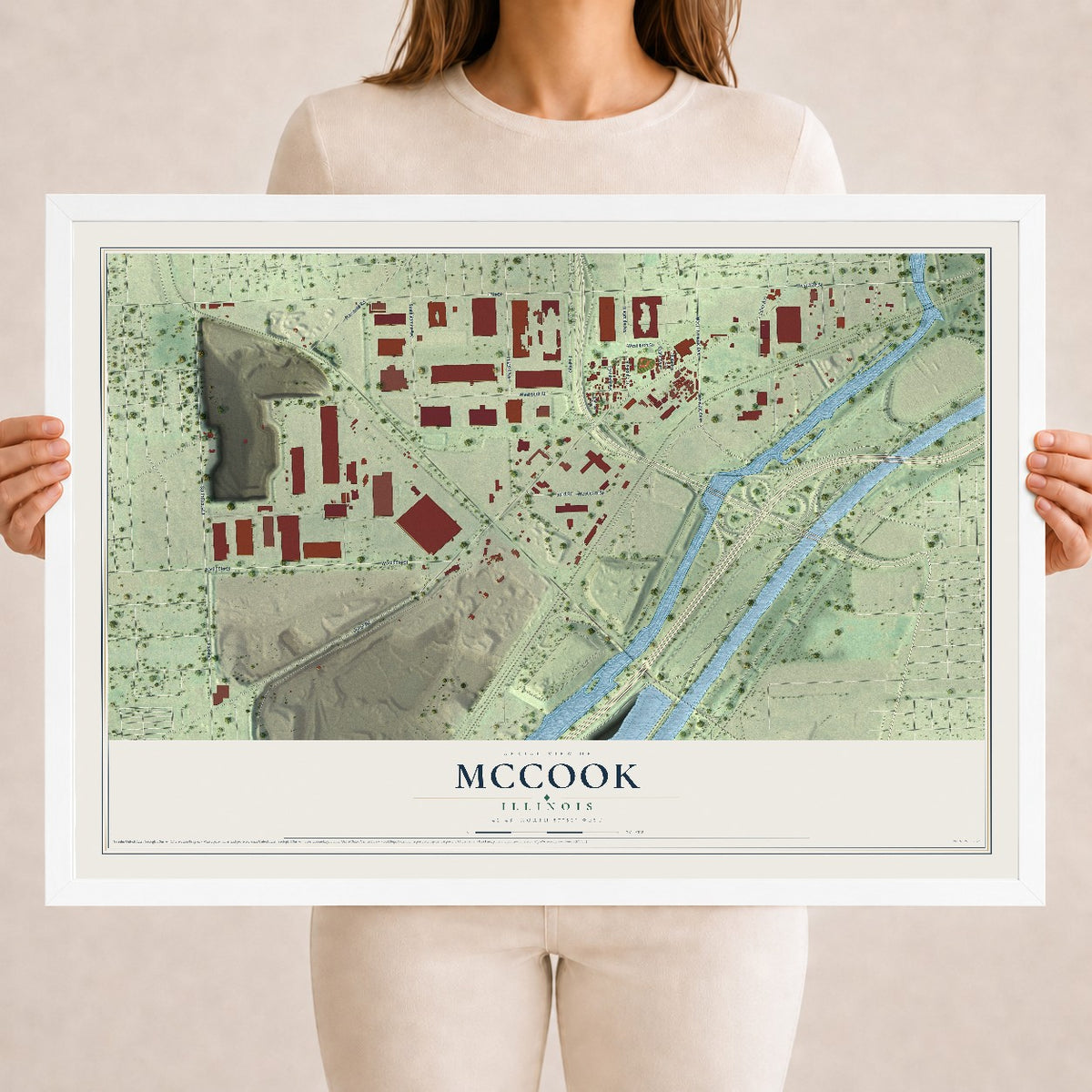 Map of McCook, Illinois, 18 x 24 inch print in a white wood frame