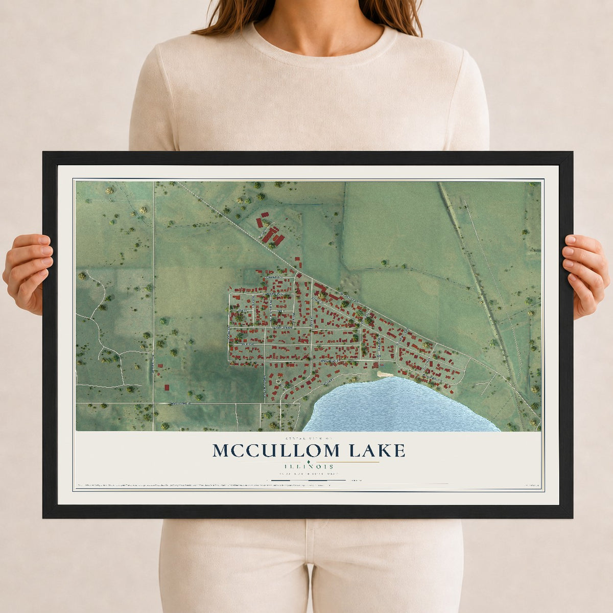 Map of McCullom Lake, Illinois, 12 x 18 inch print in a black wood frame