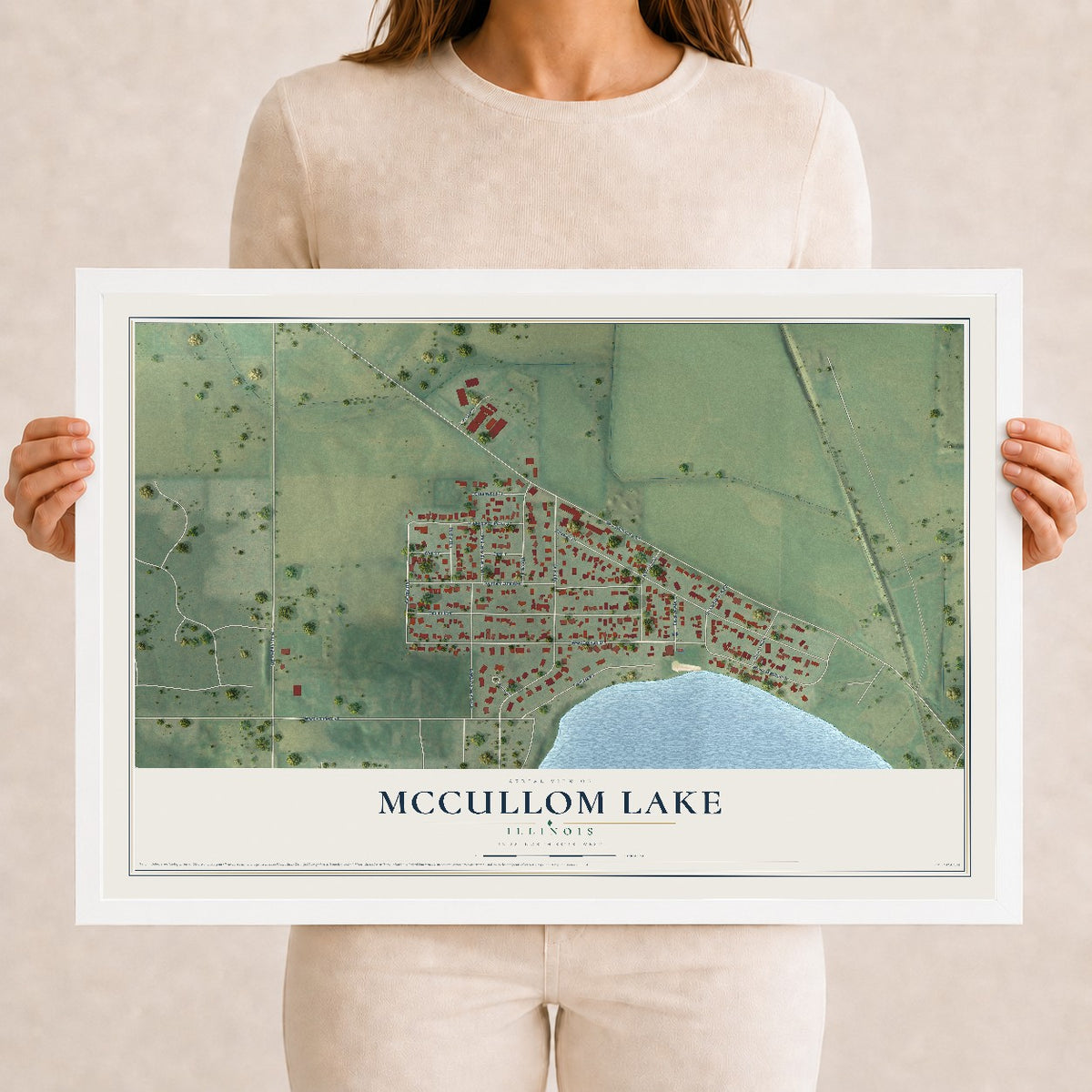Map of McCullom Lake, Illinois, 12 x 18 inch print in a white wood frame