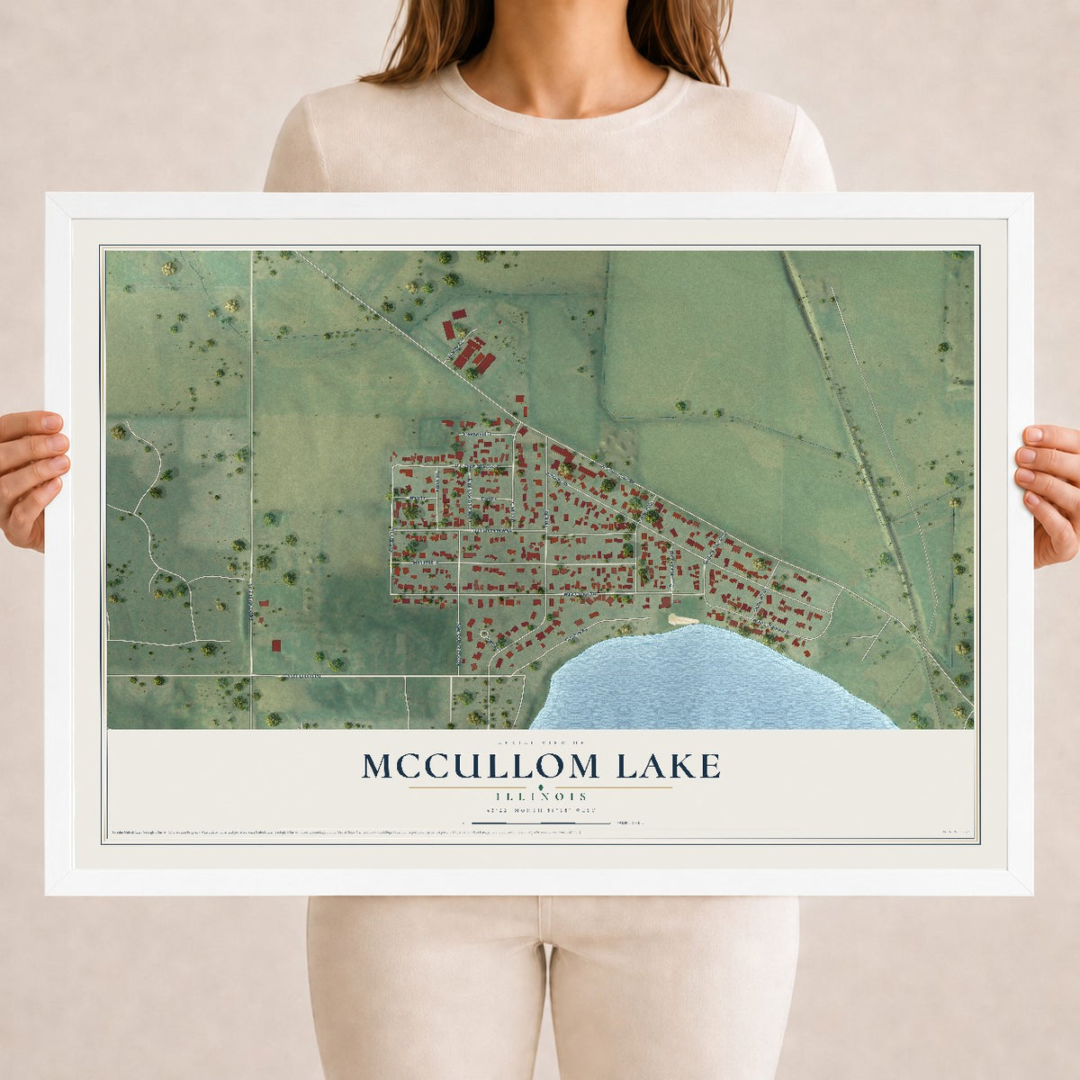 Map of McCullom Lake, Illinois, 18 x 24 inch print in a white wood frame