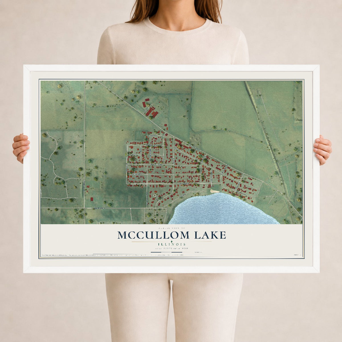 Map of McCullom Lake, Illinois, 24 x 36 inch print in a white wood frame