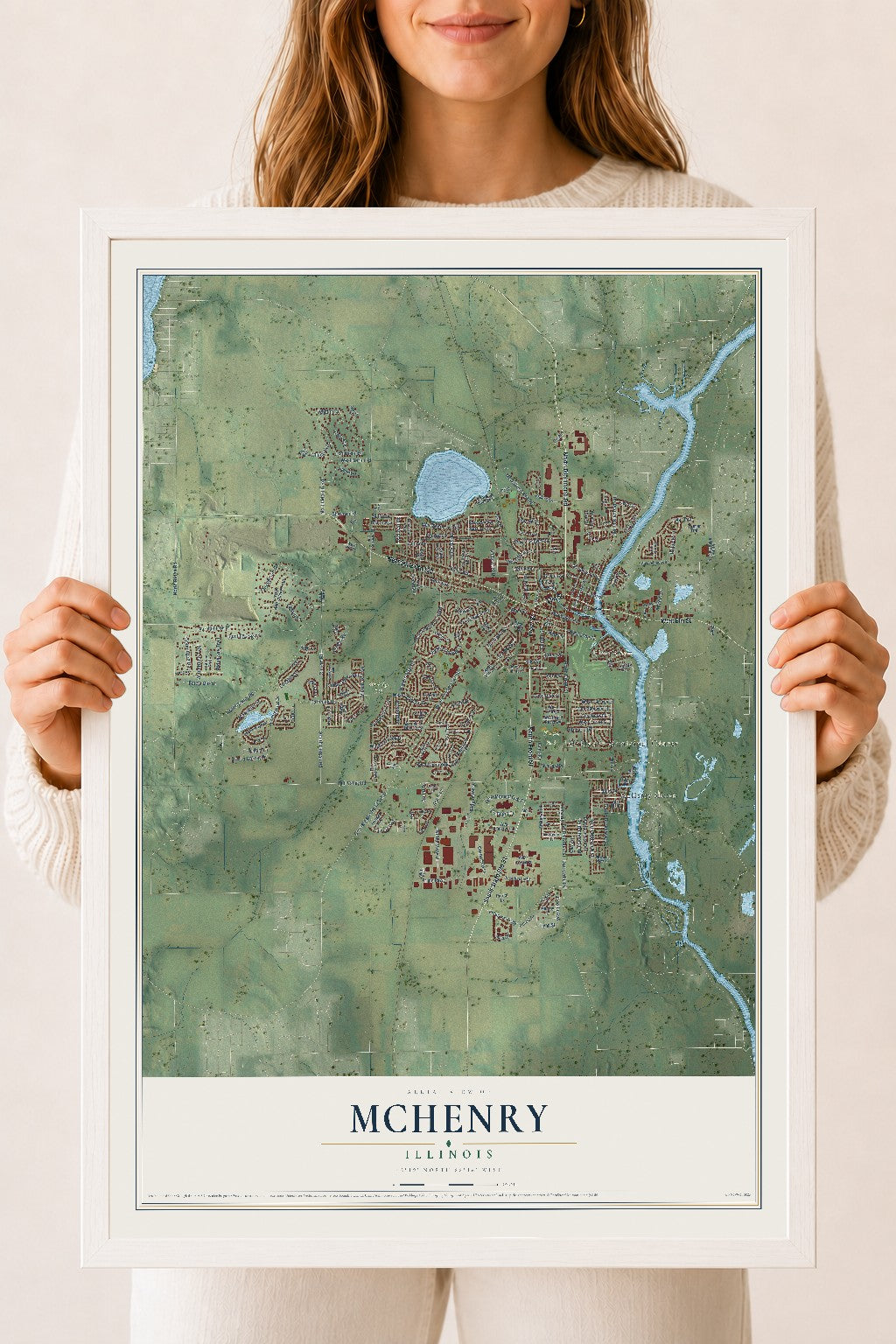 Map of McHenry, Illinois, 18 x 24 inch print in a white wood frame