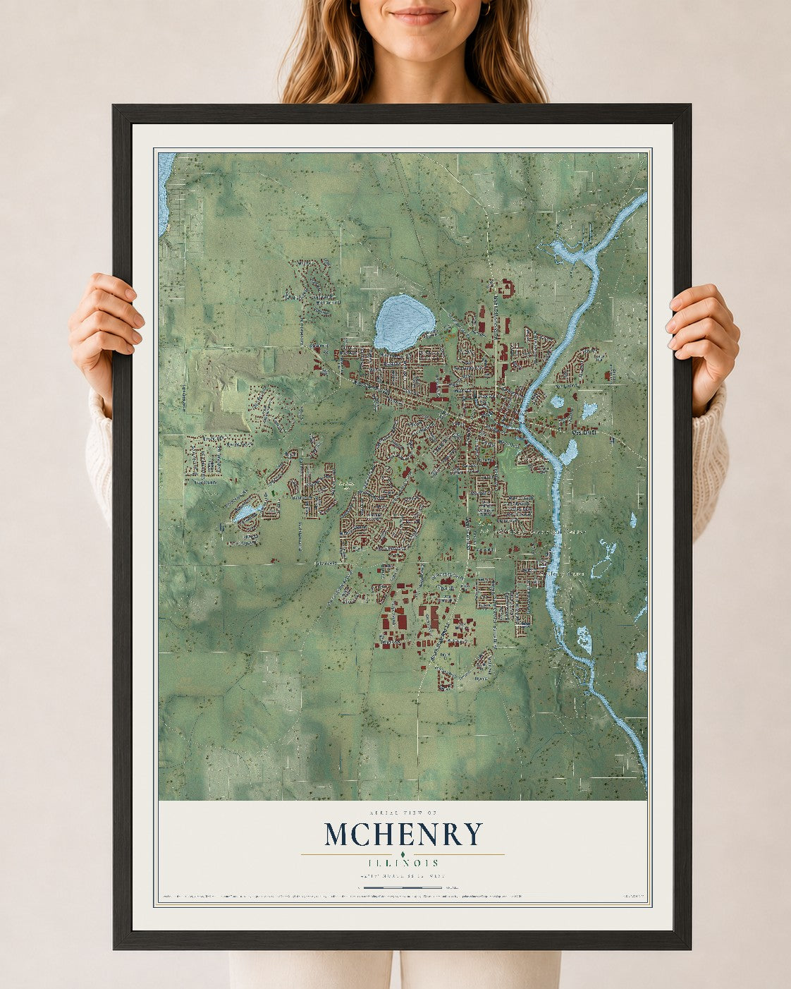 Map of McHenry, Illinois, 24 x 36 inch print in a black wood frame