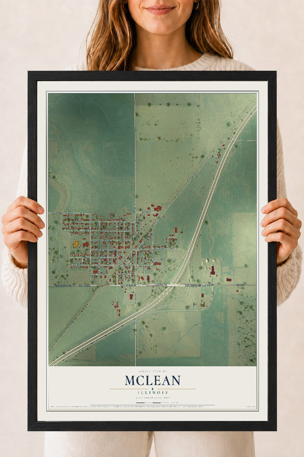 Map of McLean, Illinois, 18 x 24 inch print in a black wood frame