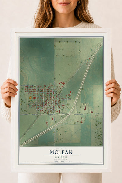 Map of McLean, Illinois, 18 x 24 inch print in a white wood frame