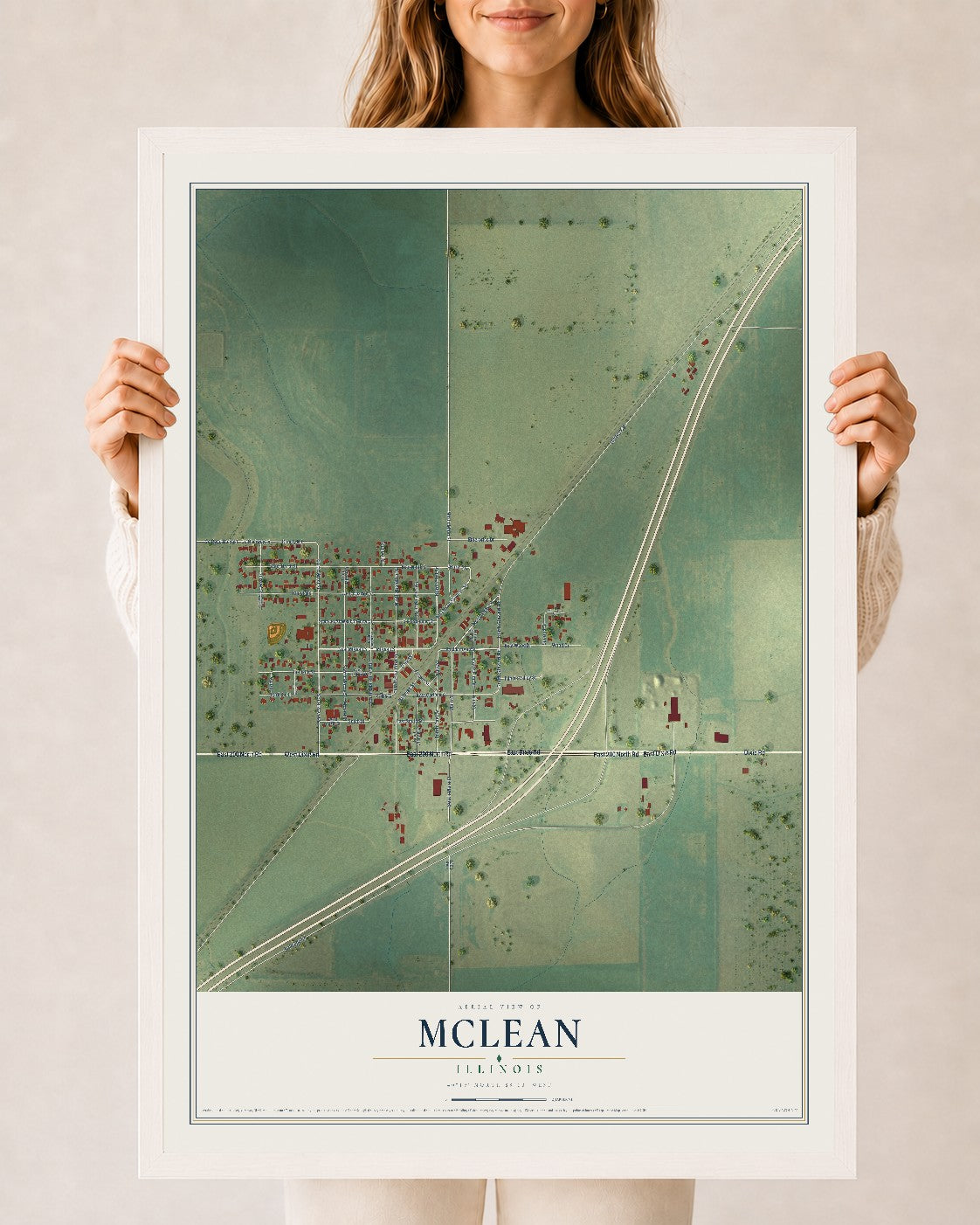 Map of McLean, Illinois, 24 x 36 inch print in a white wood frame