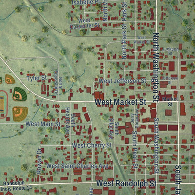Close-up of the map of McLeansboro, Illinois print showing street and building detail