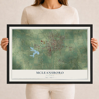 Map of McLeansboro, Illinois, 12 x 18 inch print in a black wood frame