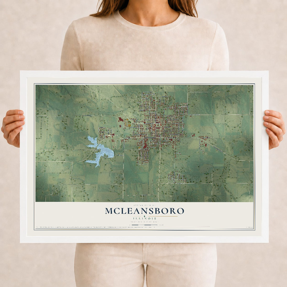 Map of McLeansboro, Illinois, 12 x 18 inch print in a white wood frame