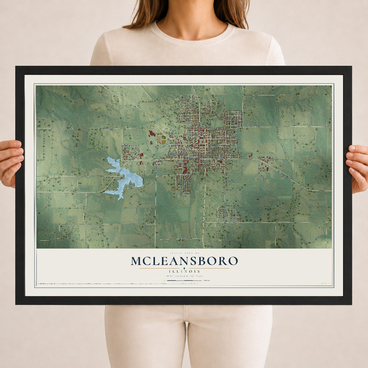 Map of McLeansboro, Illinois, 18 x 24 inch print in a black wood frame