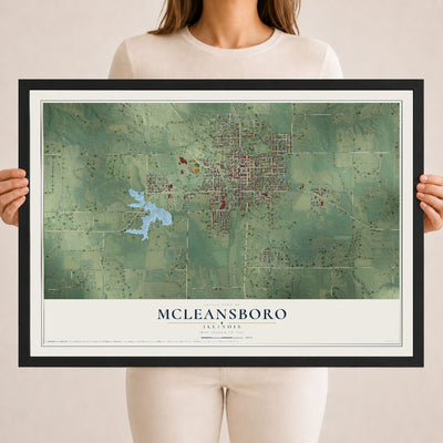 Map of McLeansboro, Illinois, 18 x 24 inch print in a black wood frame