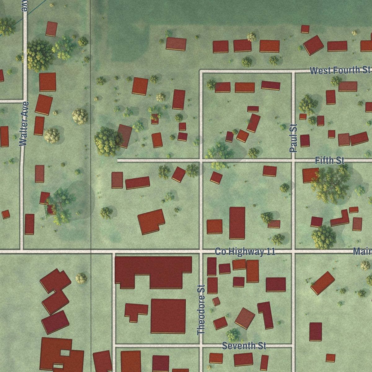 Close-up of the map of McNabb, Illinois print showing street and building detail