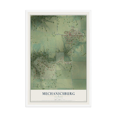 Map of Mechanicsburg, Illinois, 12 x 18 inch print in a white wood frame