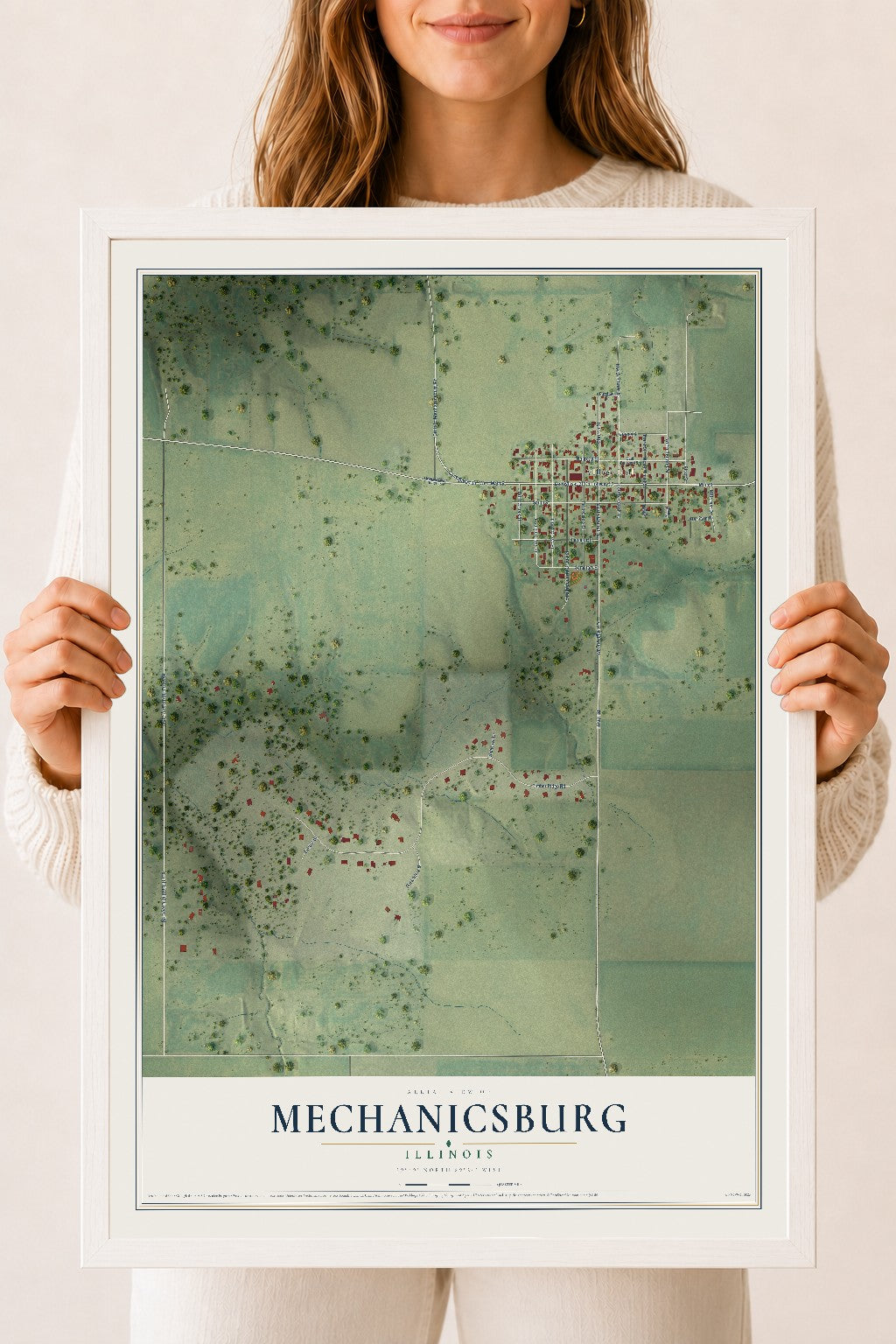 Map of Mechanicsburg, Illinois, 18 x 24 inch print in a white wood frame
