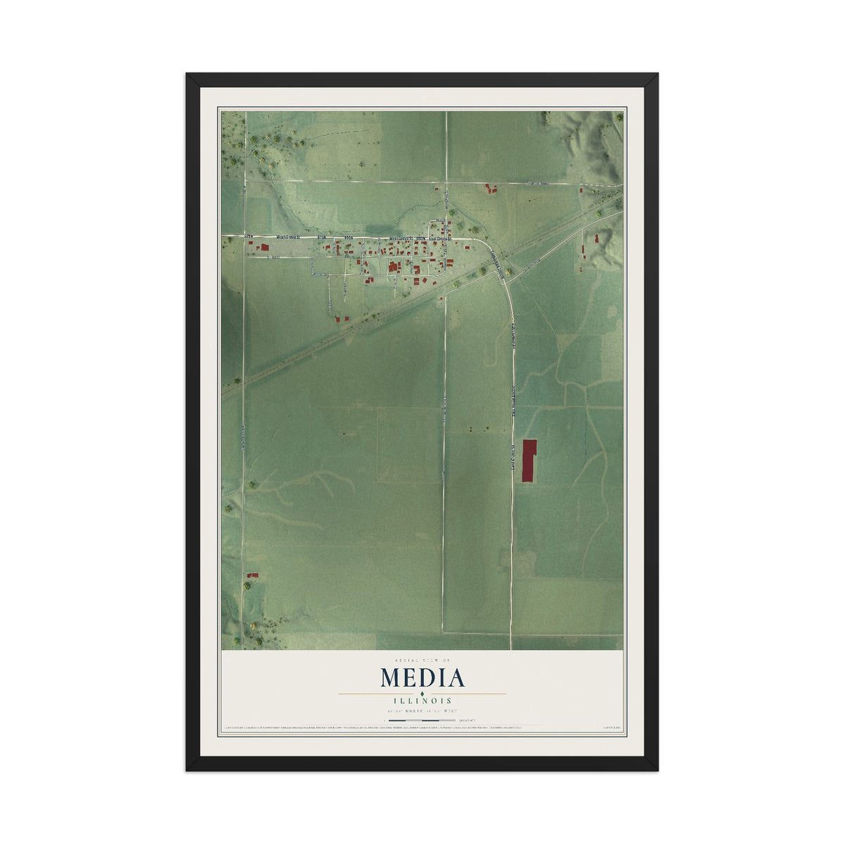 Map of Media, Illinois, 12 x 18 inch print in a black wood frame