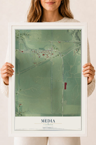 Map of Media, Illinois, 18 x 24 inch print in a white wood frame
