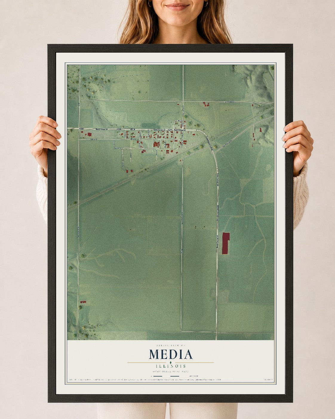 Map of Media, Illinois, 24 x 36 inch print in a black wood frame