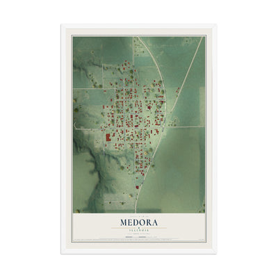 Map of Medora, Illinois, 12 x 18 inch print in a white wood frame
