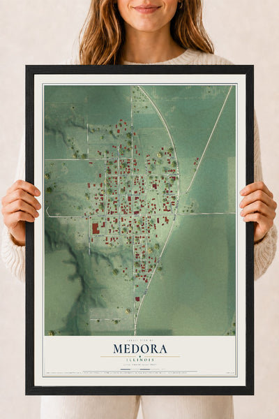 Map of Medora, Illinois, 18 x 24 inch print in a black wood frame