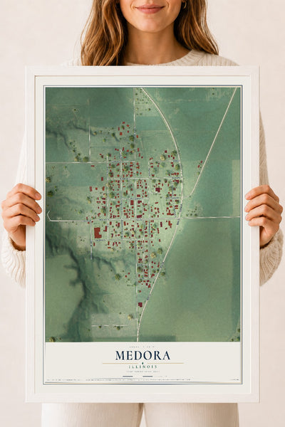 Map of Medora, Illinois, 18 x 24 inch print in a white wood frame