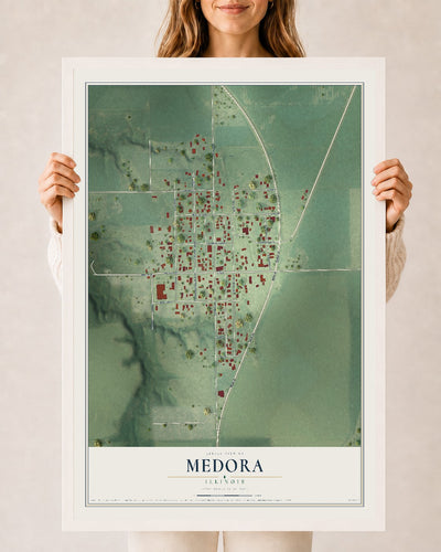 Map of Medora, Illinois, 24 x 36 inch print in a white wood frame