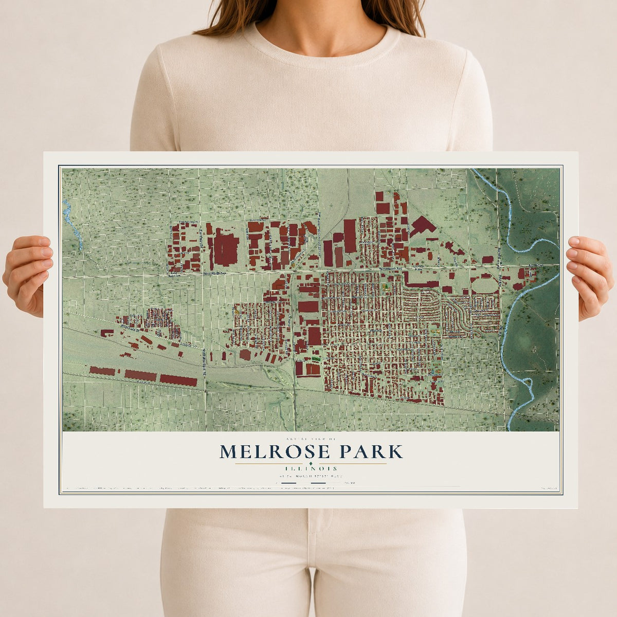 Map of Melrose Park, Illinois, 12 x 18 inch unframed archival matte print