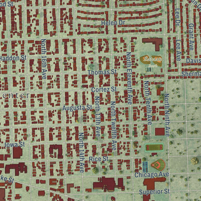 Close-up of the map of Melrose Park, Illinois print showing street and building detail