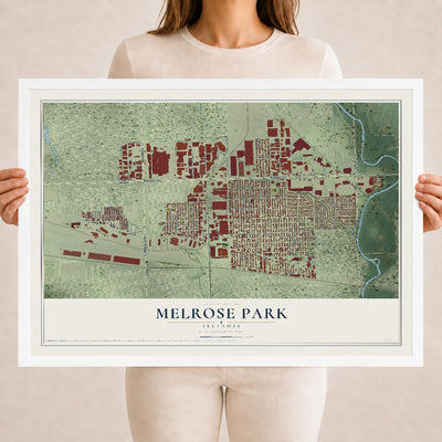 Map of Melrose Park, Illinois, 18 x 24 inch print in a white wood frame