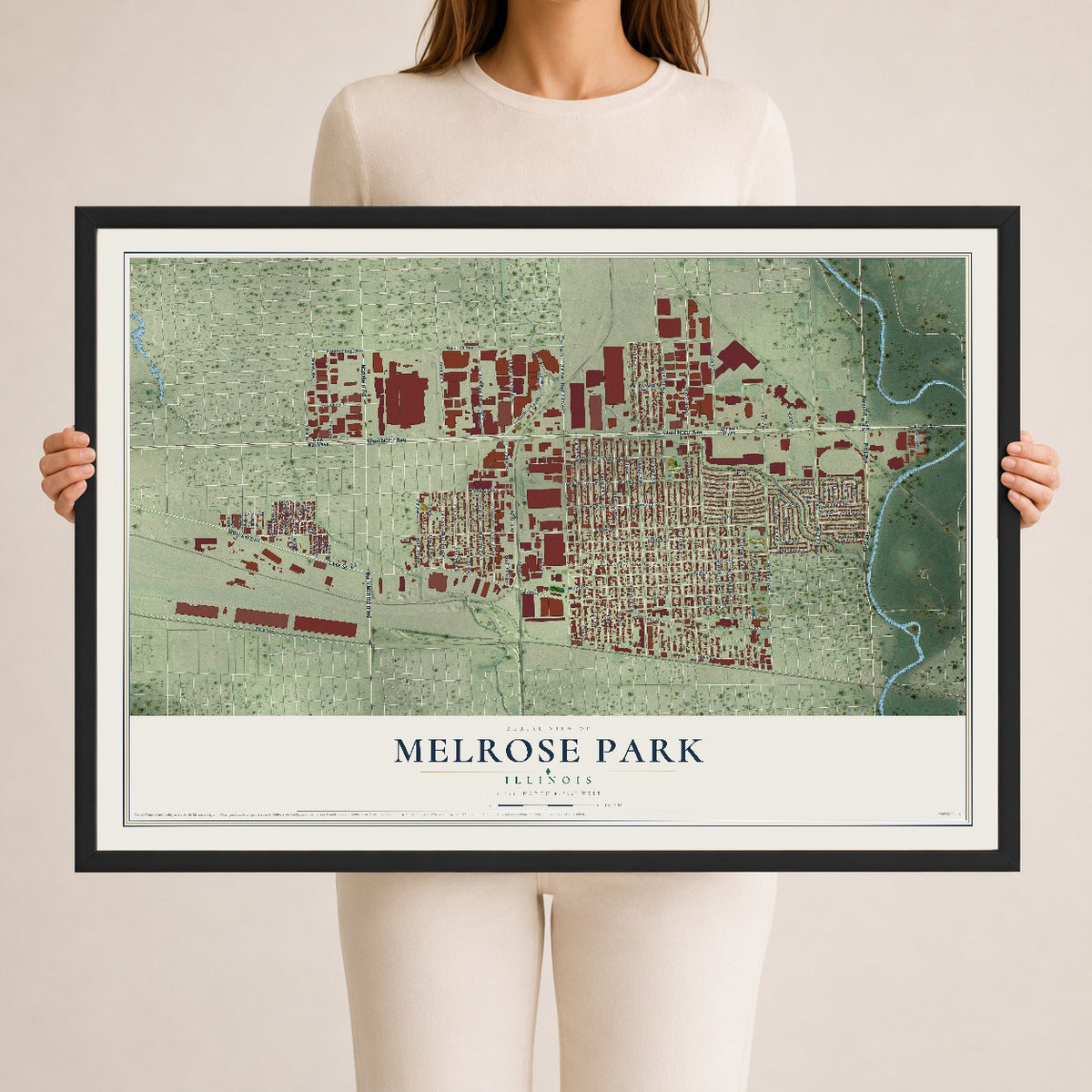 Map of Melrose Park, Illinois, 24 x 36 inch print in a black wood frame