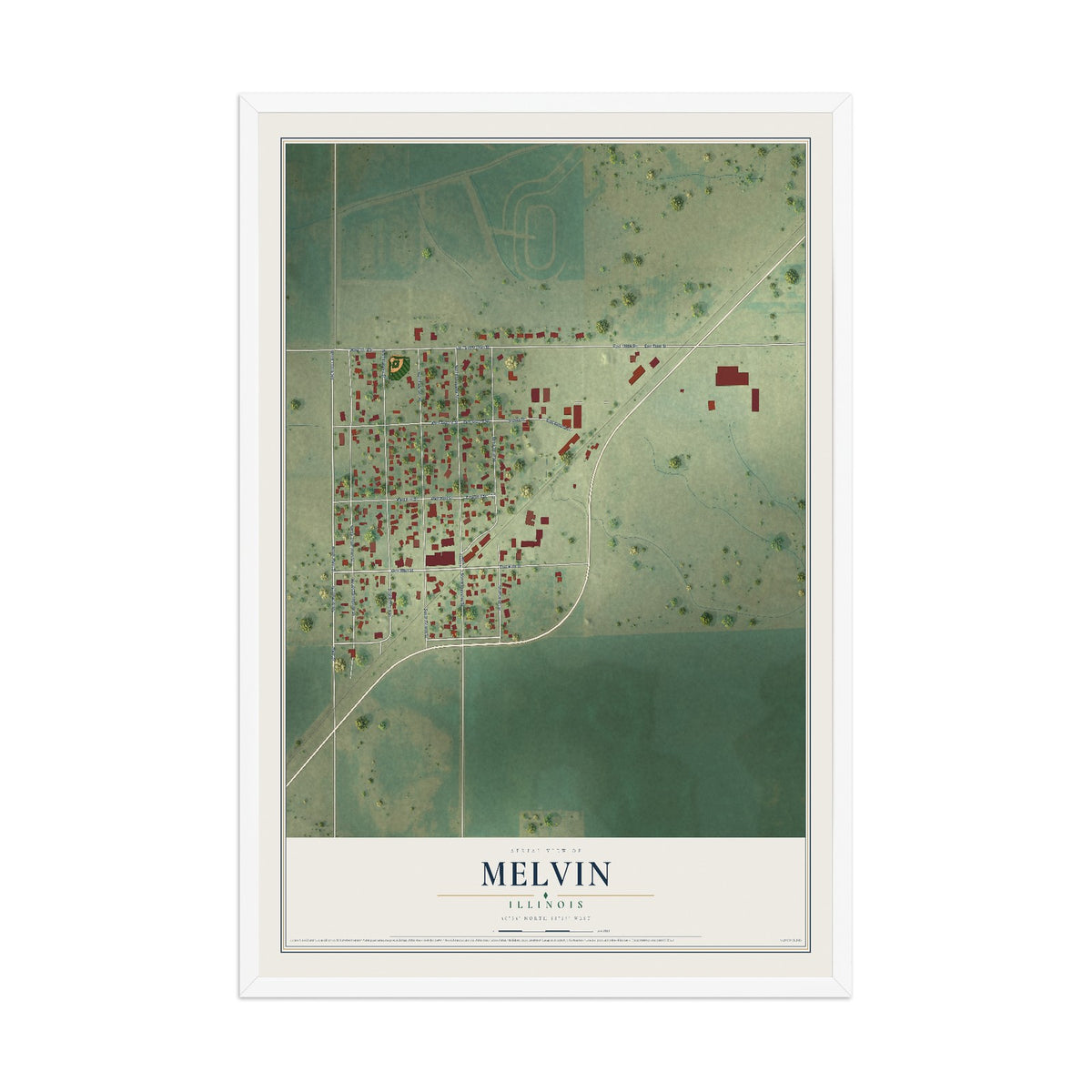 Map of Melvin, Illinois, 12 x 18 inch print in a white wood frame