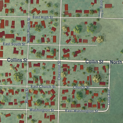 Close-up of the map of Mendon, Illinois print showing street and building detail