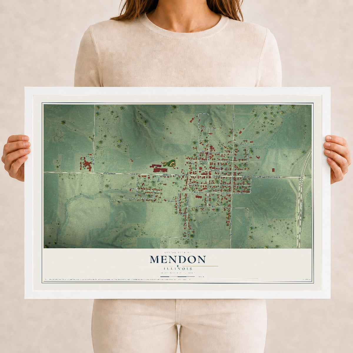 Map of Mendon, Illinois, 12 x 18 inch print in a white wood frame