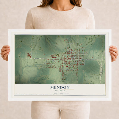 Map of Mendon, Illinois, 12 x 18 inch print in a white wood frame